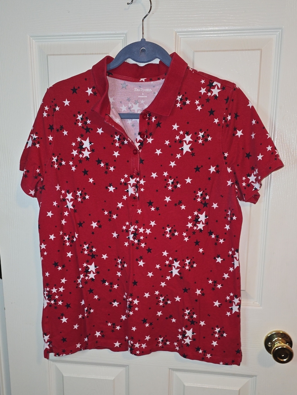 Kim Rogers Red Star Print Button-Down Polo